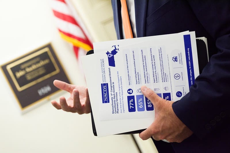 NACDS Policy Council member distributes a localized fact sheet with district polling to a legislator’s office.